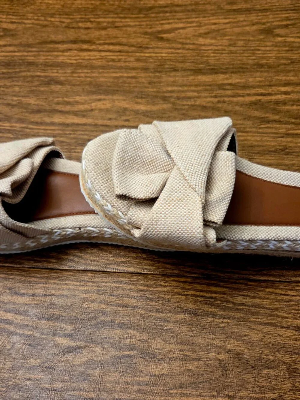 Women's Beige Fabric Bow Platform Espadrille Open Toe Slide - Sz 7.5M